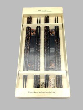 Pier 1 Imports Carved Wood Chopsticks Set 4 Pairs w/ Holders NIB 8.75"